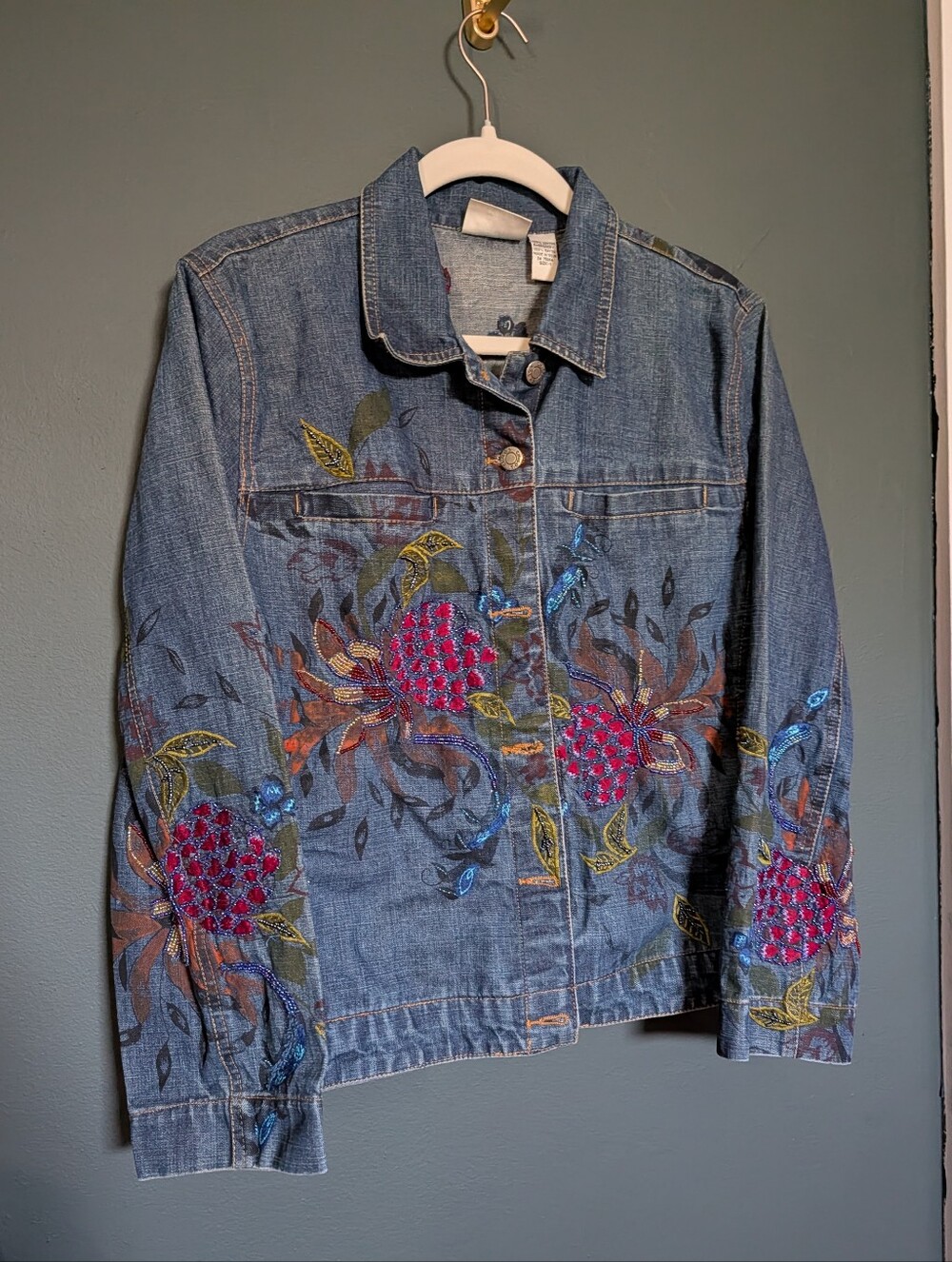 Chico's Embroidered Blue Denim Jacket with Multicolor Floral Accents Size 1